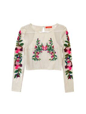 Lulumari Cream Embroidered Floral Mesh Long Sleeve Crop Top L